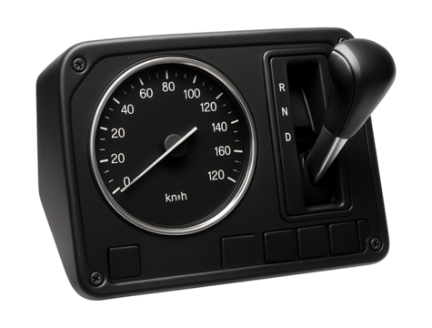 Bus driver panel featuring a prominent speedometer and gear shift lever.