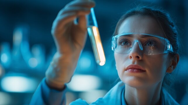Scientist in Lab Analyzing Sample in Test Tube Under Dim Light and Focused Expression for Research and Experimentation