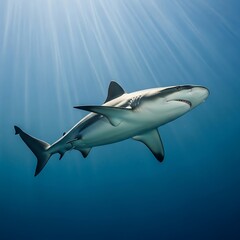Naklejka premium Graceful Caribbean Reef Shark Gliding Through Sunlit Ocean Waters.
