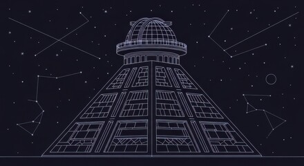 Intricate geometric lighthouse against a starry night sky