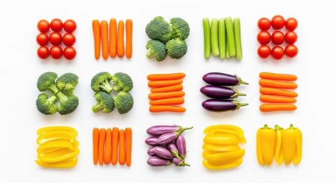 Assortment of freshly prepared vegetables arranged in rows