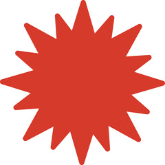 A simple red starburst shape with sharp points on a transparent background