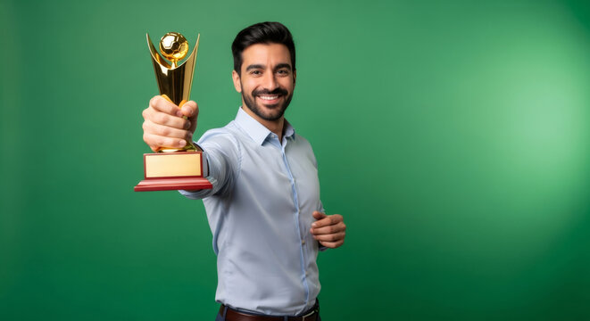 Man holding trophy with soccer ball on top. Winner shows reward for triumph in championship. Effect for chromakey isolated on green screen.