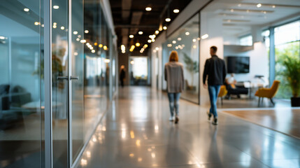 Defocused figures walking through a modern coworking hub with glass partitions, focus on clean architectural lines and soft lighting, with copy space