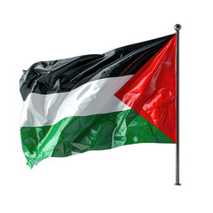 The flag of Palestine waving proudly against a stark black background.