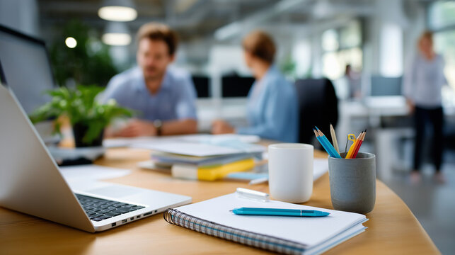 Abstract defocused coworkers collaborating in an open office zone, foreground focused on desk details and stationery, with copy space