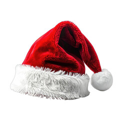 A festive red Santa hat with white trim and a pom-pom rests against a dark background.