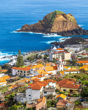 View of the small resort village of Porto Moniz on the Atlantic coast of Madeira Island, Portugal
