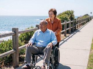 Happy senior Asian couple enjoying a walk by the sea, wife pushing husband in a wheelchair on a sunny coastal promenade