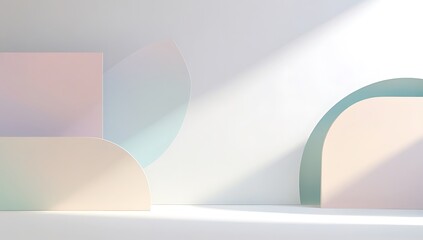 Obraz premium Abstract minimalist scene with pastel geometric shapes and soft diagonal light casting gentle shadows on a white background.