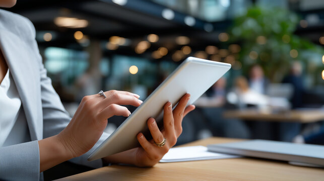 Close-up of hands holding a tablet in a modern coworking room, background defocused to maintain anonymity, with copy space