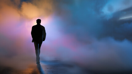 Blurry silhouette of a figure walking through fog, creating an atmosphere of mystery and emotional depth, with copy space