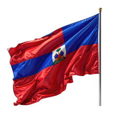 The flag of Haiti waves proudly on a flagpole against a stark black background.