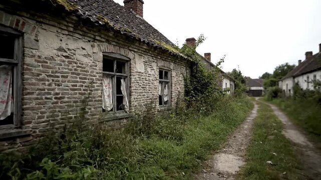 Dilapidated row of old brick houses along a narrow overgrown dirt road
