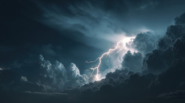 Upward lightning bolt illuminates dramatic night storm clouds with cinematic contrast and moody blue lighting, evoking power and awe in turbulent sky