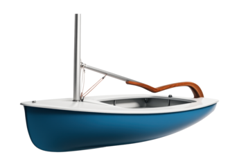 Dinghy with wooden tiller and aluminum mast, perfect for sailing enthusiasts.