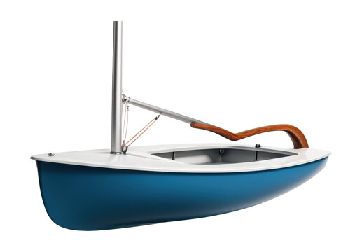 Dinghy with wooden tiller and aluminum mast, perfect for sailing enthusiasts.