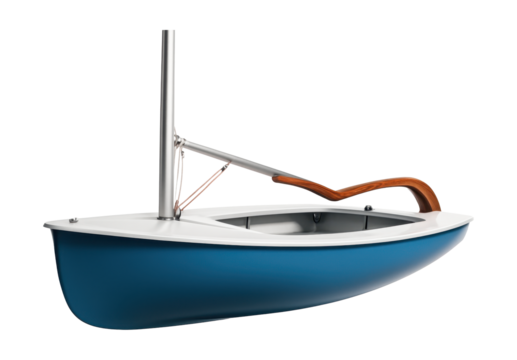 Dinghy with wooden tiller and aluminum mast, perfect for sailing enthusiasts.