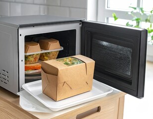 Microwave Oven with Open Door Displaying Food Containers on White Tray in Kitchen Setting