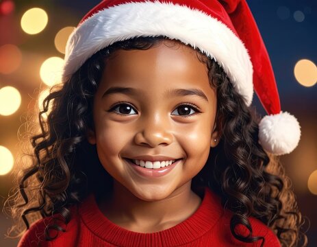 A young girl with dark curly hair and a Santa hat smiles at the camera with festive lights in the background.
