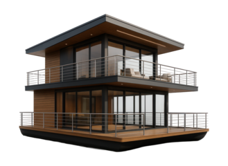Two-story houseboat featuring a wraparound balcony and metal railings.
