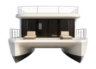 Houseboat featuring a catamaran hull and a spacious sunbathing deck above.