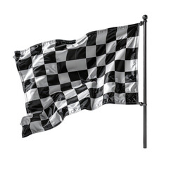 A black and white checkered flag waves on a pole against a black background.