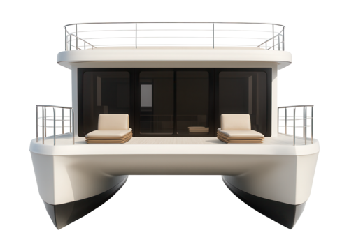 Houseboat featuring a catamaran hull and a spacious sunbathing deck above.