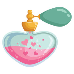 Vintage Heart Shaped Perfume Bottle With Pink Liquid And Hearts Floating Inside Surrounded By Bubbles Against A Transparent Background