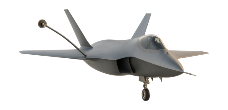 Single-engine fighter aircraft featuring a blended wing design and retractable refueling