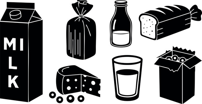 Black and white vector illustration of dairy and bakery products including milk cheese bread and egg carton