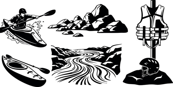 Kayaking adventure elements with river rocks life jacket and helmet vector