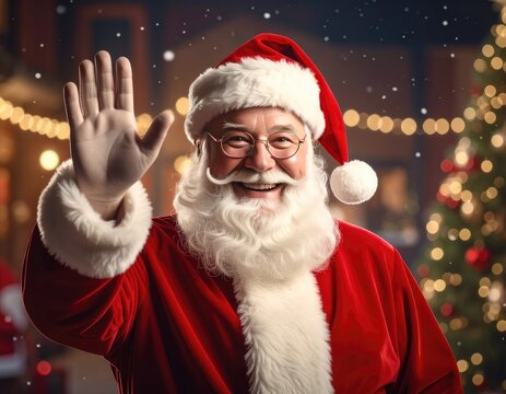 Santa Claus waving hello with a Christmas tree in the background. - Powered by Adobe