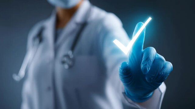 Doctor wearing gloves and lab coat pointing at a glowing digital check mark symbol. Futuristic healthcare technology concept representing medical approval, innovation - Powered by Adobe