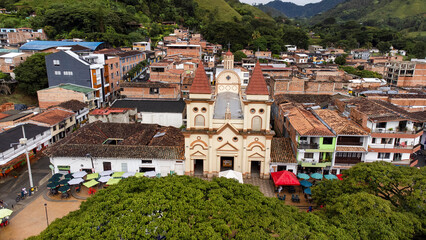 Fototapeta premium Hispania, Antioquia - Colombia. October 8, 2025. Panoramic drone view of the town's main church.