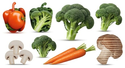 Assortment of fresh vegetables and mushrooms on a white background