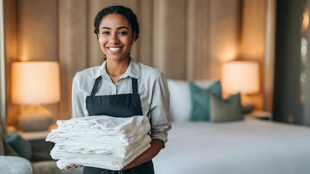 Smiling hotel housekeeper standing in a modern, clean bedroom holding a stack of fresh white towels. Concept of hospitality, hotel service, cleanliness, and professional customer care in the tourism