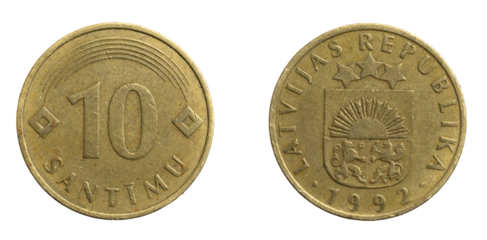 latvia ten santimus coin on a white isolated background