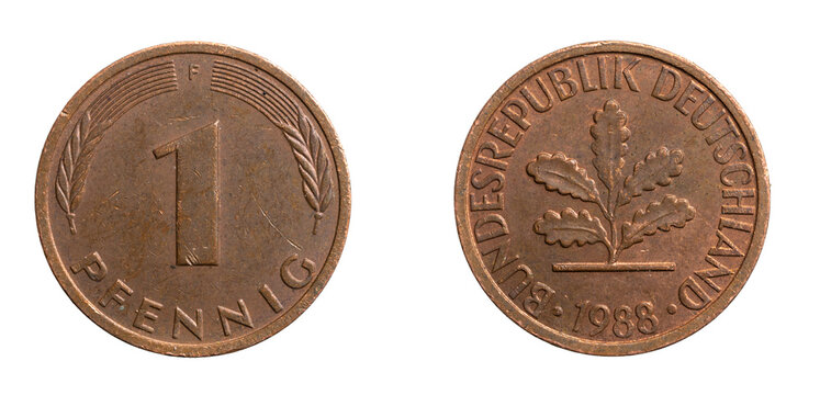 Germany one pfennig coin on a white isolated background