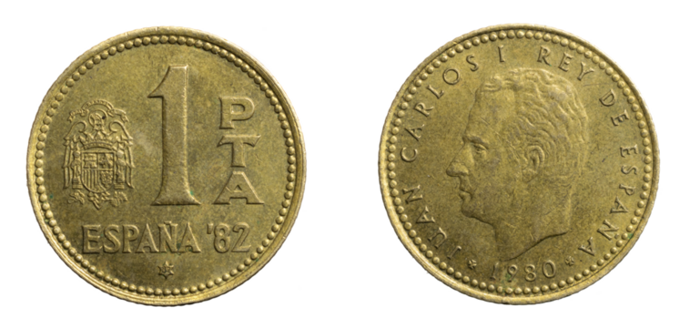 Spain one pta coin on white isolated background