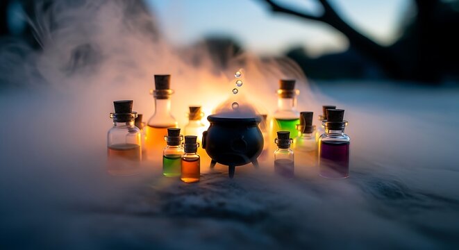 Mysterious concoctions brewing in a cauldron surrounded by colorful potions under hazy enchantment