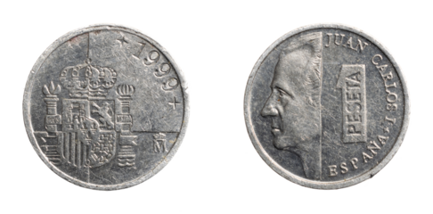 Spain one peseta coin on white isolated background