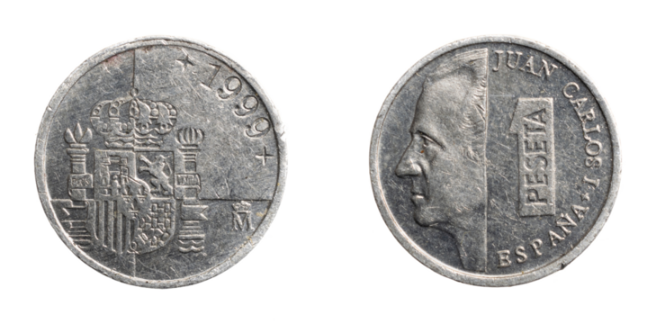 Spain one peseta coin on white isolated background