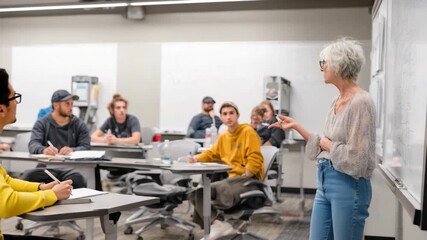 A modern classroom scene showing a university instructor speaking to students seated at desks, engaging in active learning and discussion