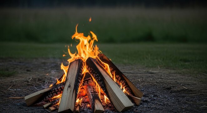 Vibrant campfire burning brightly in the evening outdoors