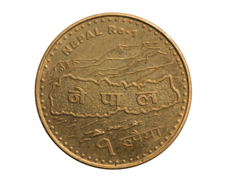 Nepal one rupee coin on a white isolated background