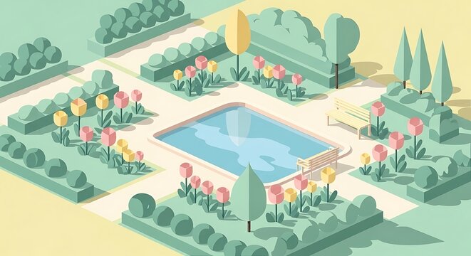 Tranquil isometric garden scene with a serene pool and floral accents