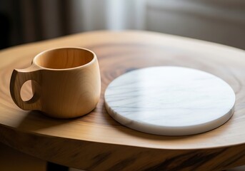 Wooden mug and marble coaster adorn rustic table, showcasing craftsmanship