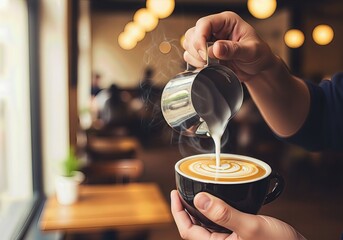 Barista making latte art in cozy coffee shop