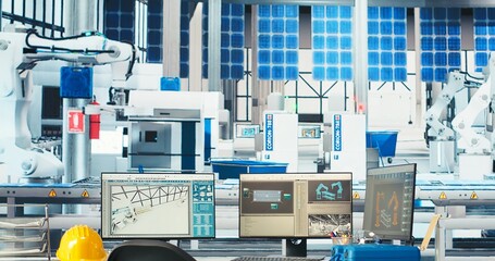 PC display used to adjust empty photovoltaics facility system parameters, increasing performance. Computer desk in solar cells manufacturing plant optimizing energy supply, close up